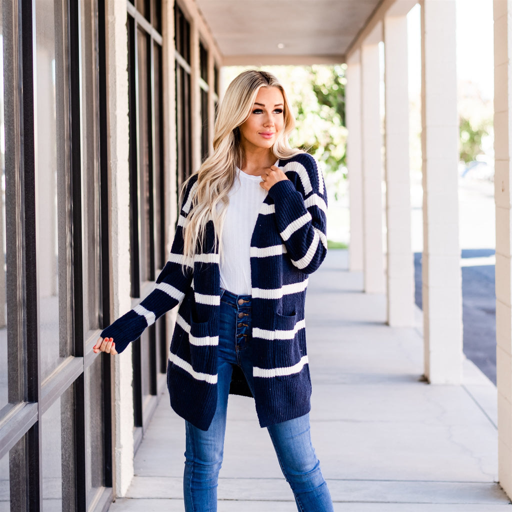 Long Cozy Striped Cardigan: Navy/Ivory – Sign Here