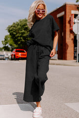 Black Textured Loose Fit T Shirt and Drawstring Pants Set