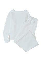Pale Khaki Textured Loose Fit T Shirt and Drawstring Pants Set