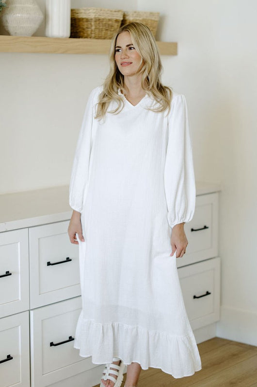 temple dresses Miley Dress White / L and an a The Brigham City V-Neck Ruffle