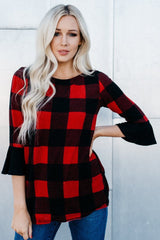 Buffalo Check Bell Sleeve Top: Red/Charcoal