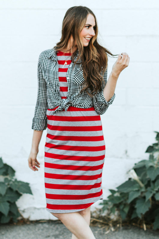Striped Tee Dress Red and Gray Thick Stripes Sign Here