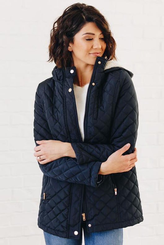 Long Quilted Coat: Navy