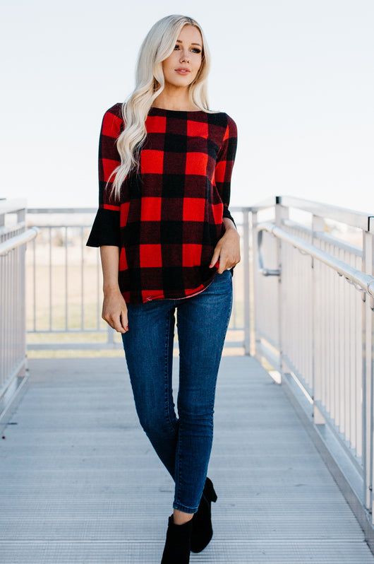 Buffalo Check Bell Sleeve Top: Red/Charcoal – Sign Here