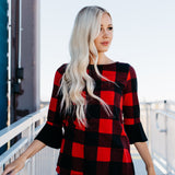Buffalo Check Bell Sleeve Top: Red/Charcoal