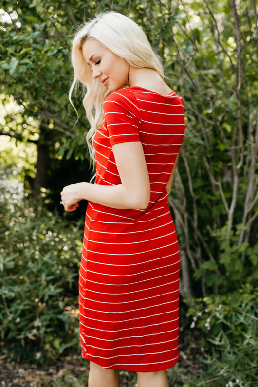 Striped Tee Dress: Red with Thin White Stripe