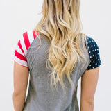 Patriotic Tee Dresses: Gray Body with One Stripe Sleeve and One Star Sleeve