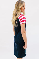 Patriotic Tee Dresses: Navy Body with Red Stripe Sleeves