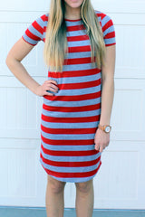 Striped Tee Dress: Red and Gray Thick Stripes