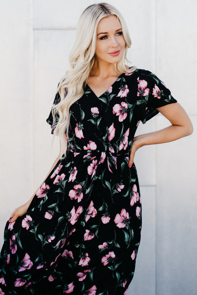 Faux Wrap Maxi Dress: Black Floral – Sign Here