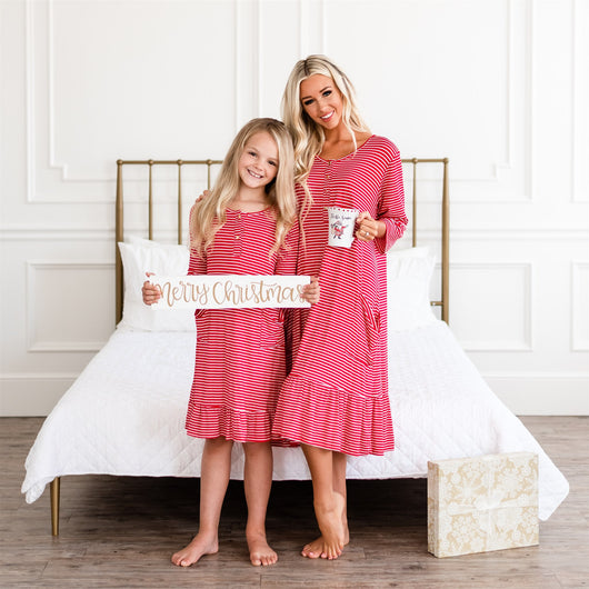 Mommy and Me Holiday House Dress: Girls' Red Stripe Sign Here Mommy and Me Holiday House Dress: Girls' Red Stripe Sign Here