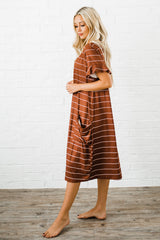The Sophie House Dress: Caramel with White Stripe