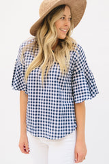Gingham Top with Flutter Sleeves: Navy
