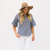 Gingham Top with Flutter Sleeves: Navy