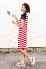 Patriotic Tee Dresses: Red Stripe Body with Star Sleeves