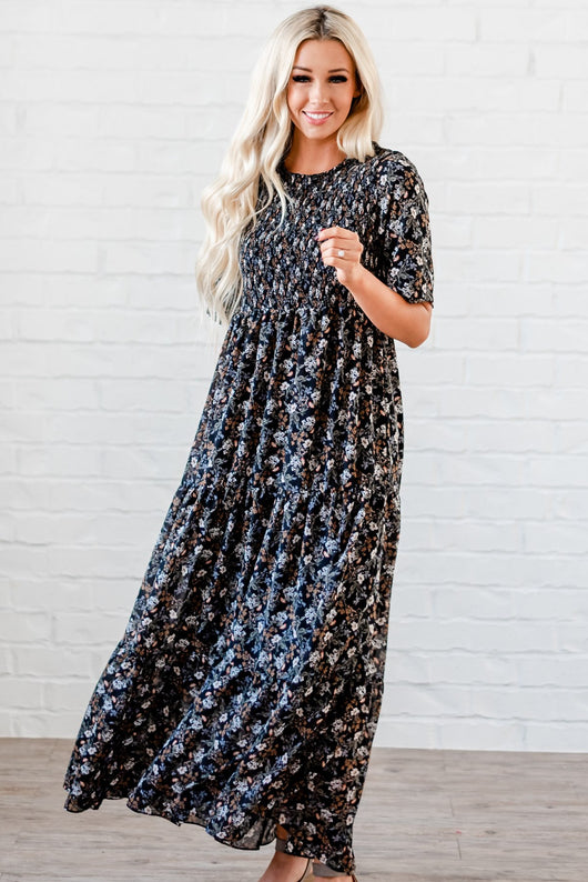 The Bella Smocked Maxi Dress: Black Sign Here The Bella Smocked Maxi Dress: Black Sign Here